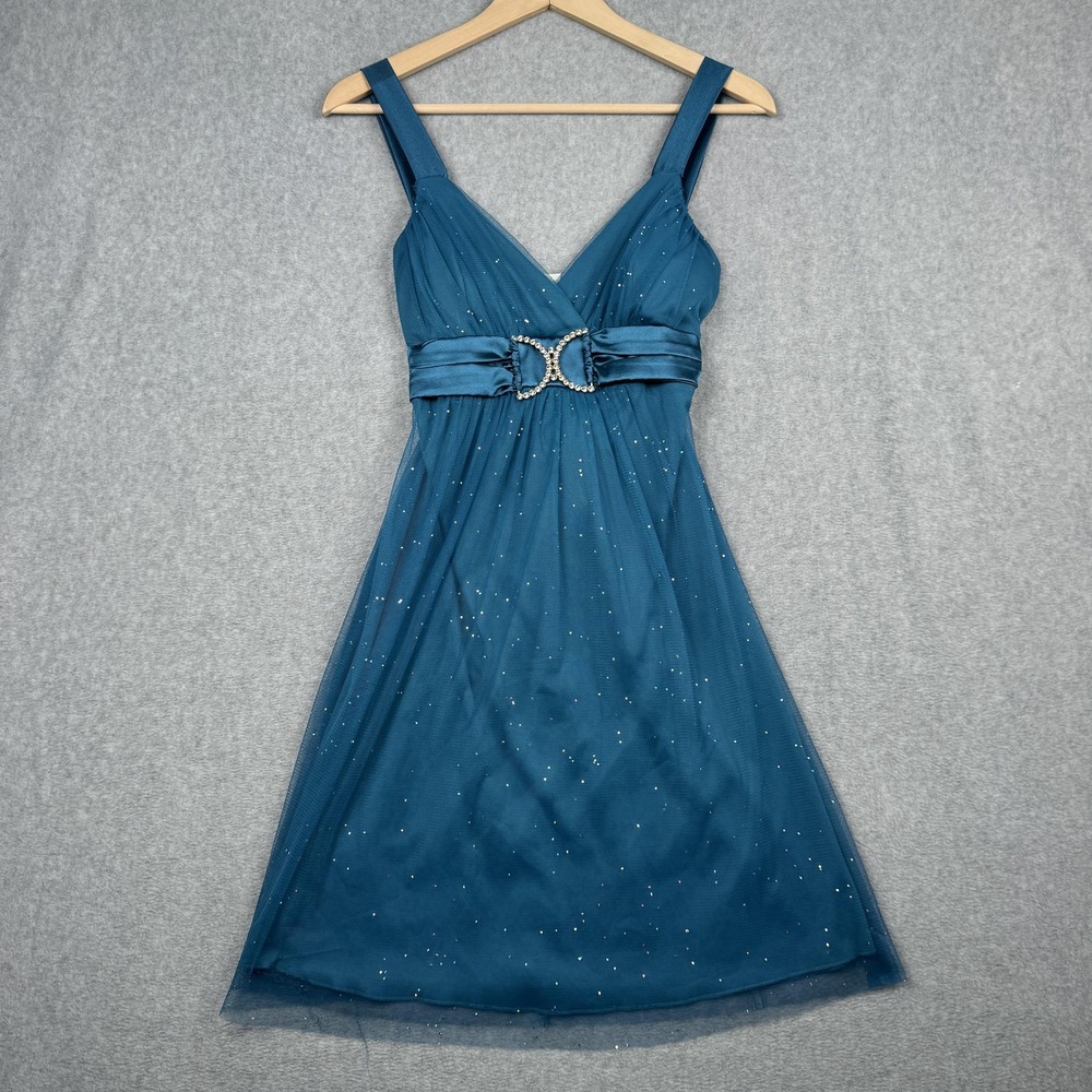 Vintage Taboo Dress Womens Medium Teal Blue Glitter Mesh Rhinestone Babydoll Y2K